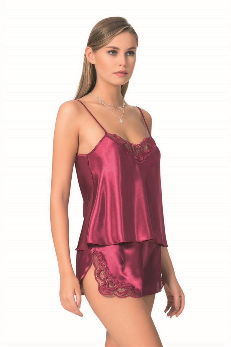 Arias Closet Bordo Saten Babydoll Şort Takımı