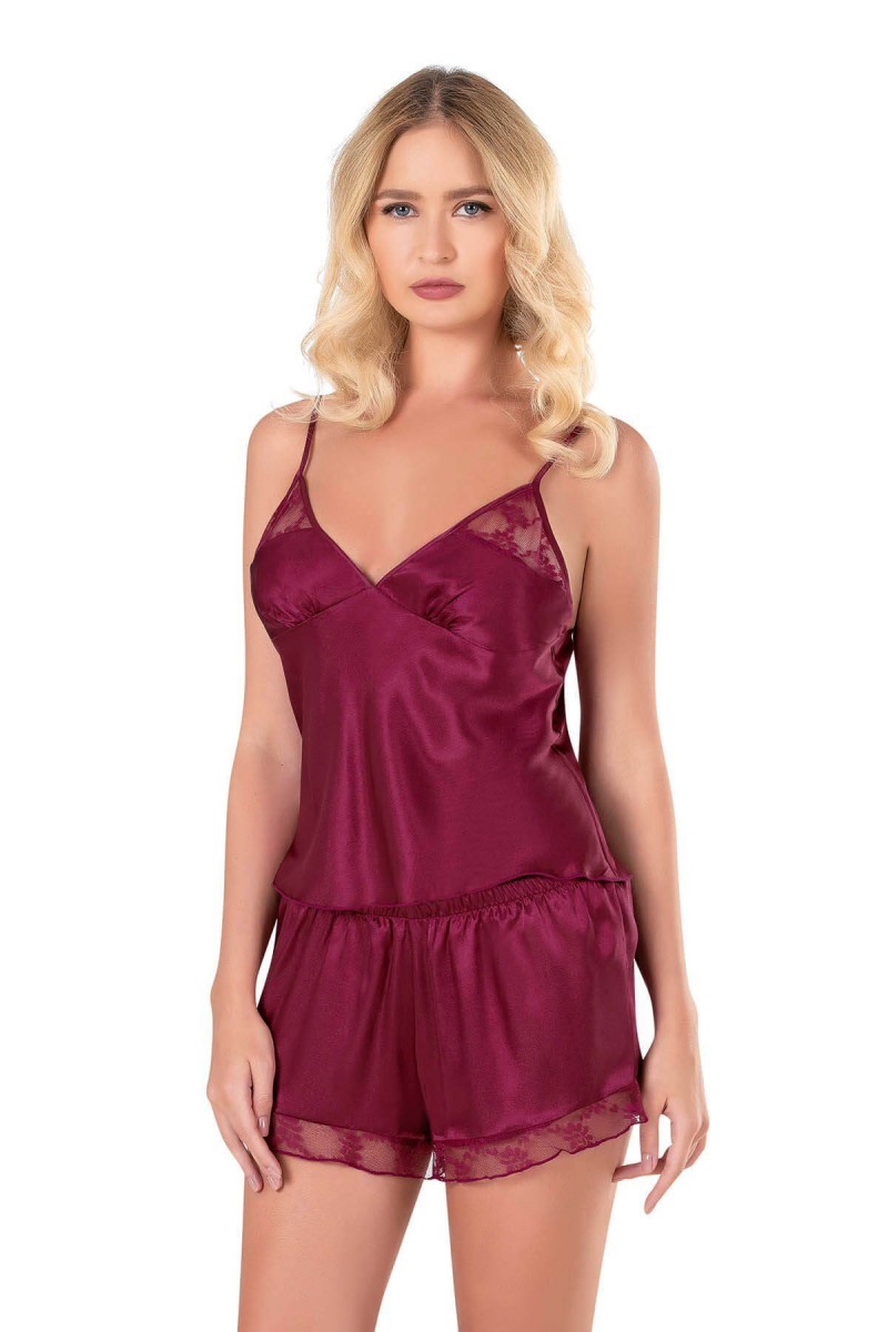 Arias Closet Bordo Saten Babydoll Şort Takımı