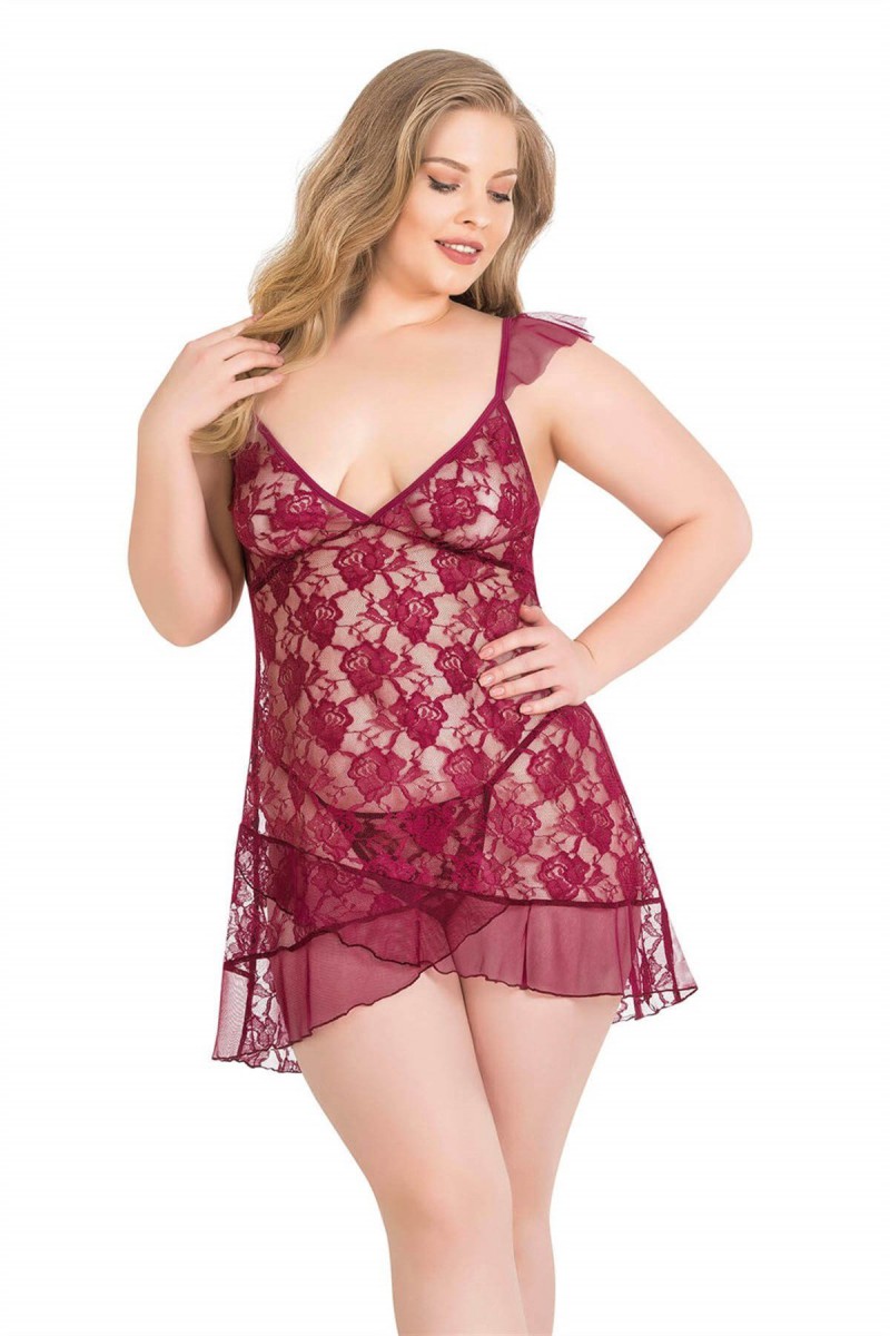 Arias Closet Büyük Beden Bordo Kısa Tül Gecelik