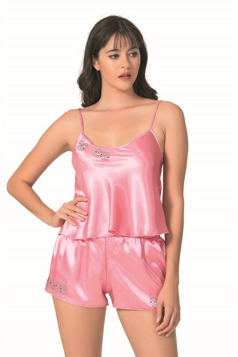 Arias Closet Koyu Pembe Saten Babydoll Şort Takımı