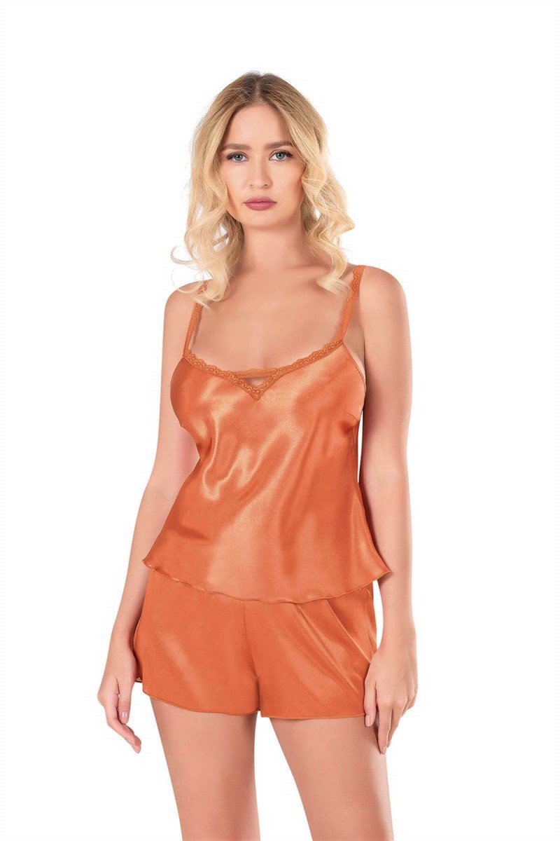 Arias Closet Oranj Saten Babydoll Şort Takımı