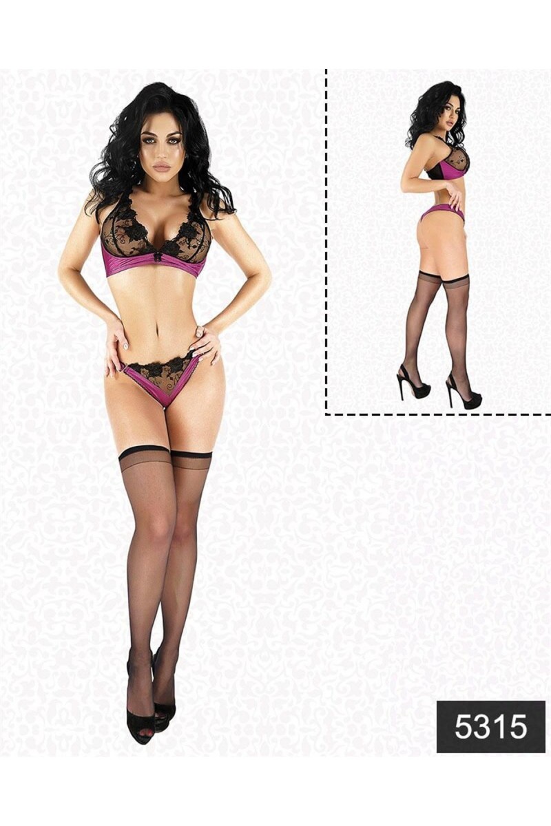 Arias Closet Saten Dantelli Fantazi Çorap Sütyen Tanga Set