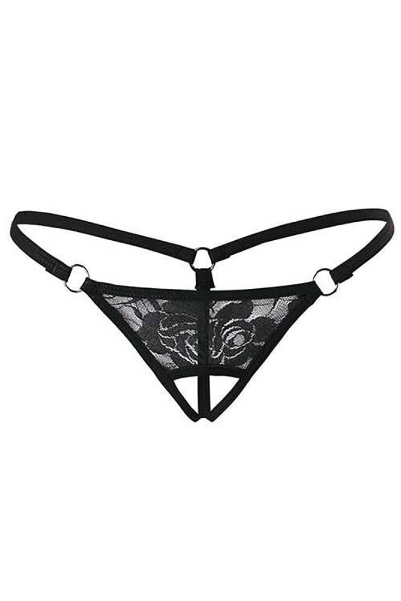 Leyna Siyah Dantelli Özel Bölgesi Açık G-string Tm1167