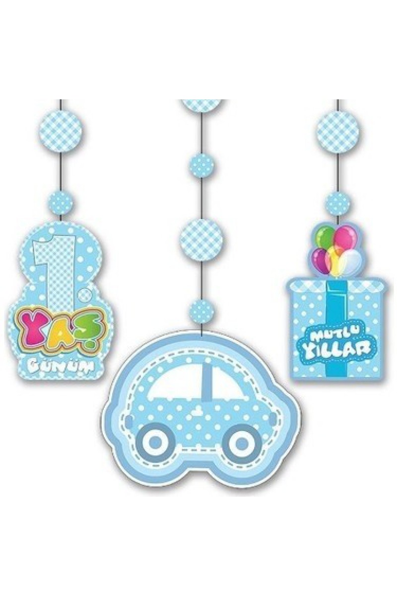 1 Yaş Temalı Asmalı ip Süs Mavi Renk 3 Lü Set 12x45 Cm