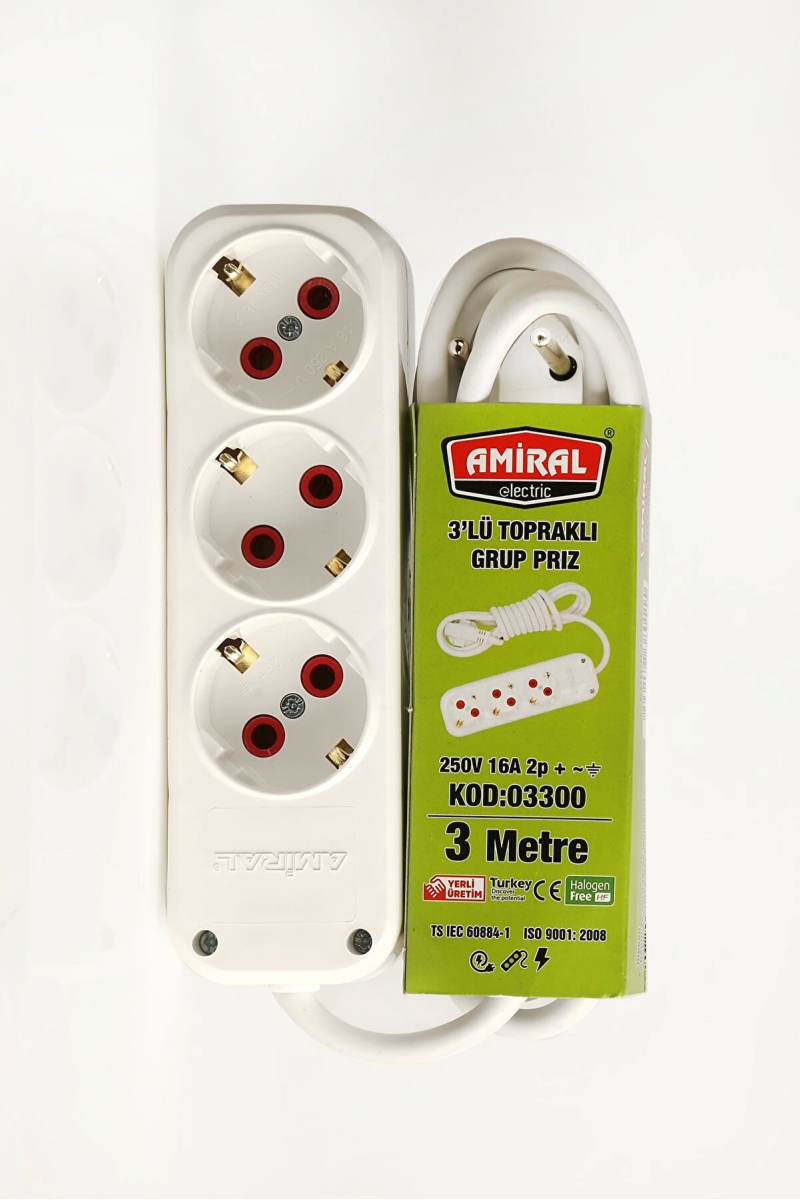 Amiral 3 Lü Topraklı 3 Metre Kablolu Grup Priz
