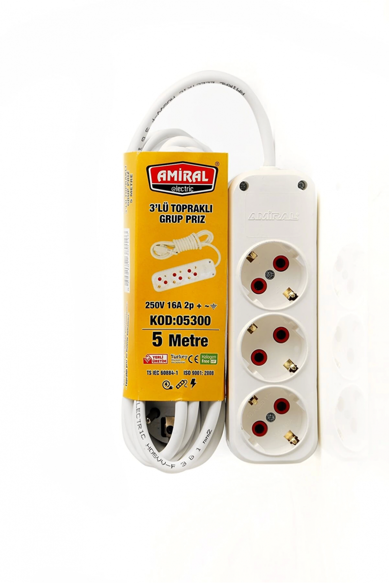 Amiral 3 Lü Topraklı 5 Metre Kablolu Grup Priz