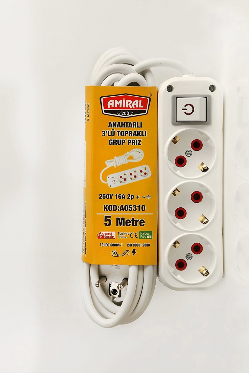 Amiral 3 Lü Topraklı Anahtarlı 5 Metre Kablolu Grup Priz